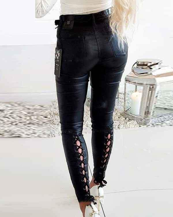 Low Rise Leather Pants with Lace Up Sides